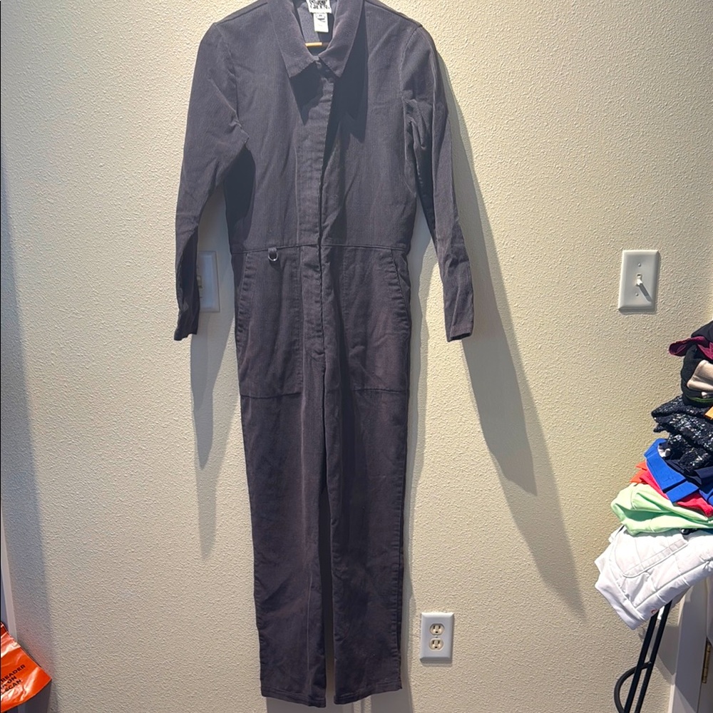 Prairie Underground corduroy, charcoal colored jumpsuit.